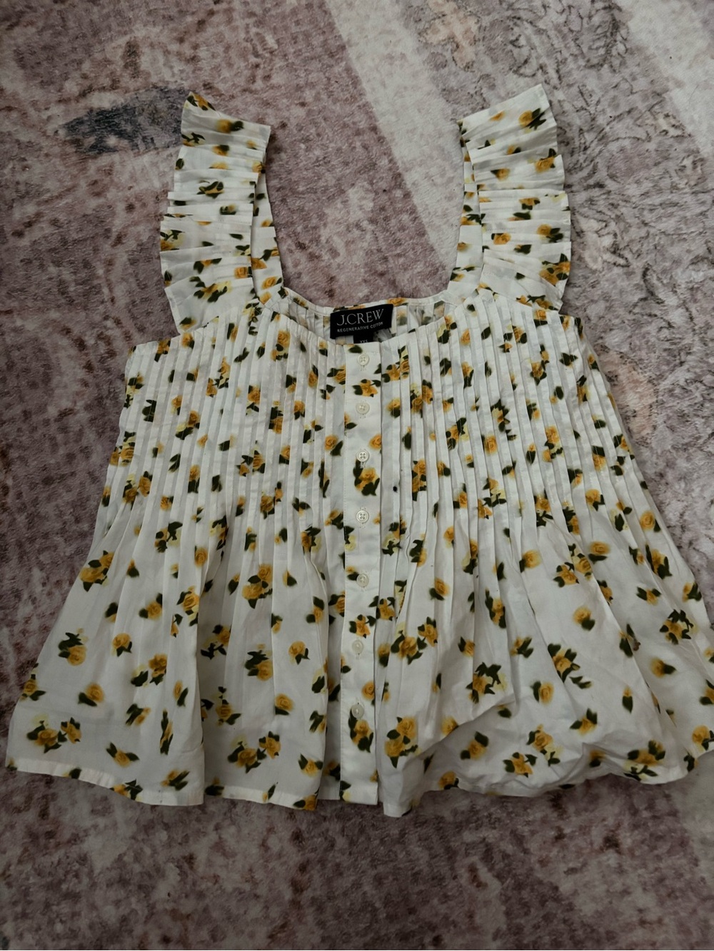 J. Crew White Floral Pleated Ruffle-Strap Camisole - Yellow Rose Print